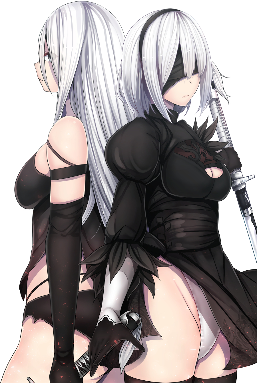 back-to-back bare_shoulders black_dress black_gloves black_legwear black_panties blindfold blue_eyes breasts chemise cleavage cleavage_cutout commentary_request cowboy_shot daiaru dress elbow_gloves gloves hairband highres holding holding_sword holding_weapon juliet_sleeves katana leotard_under_clothes long_hair long_sleeves medium_breasts multiple_girls nier_(series) nier_automata panties puffy_sleeves short_hair silver_hair sword thighhighs underwear weapon yorha_no._2_type_b yorha_type_a_no._2