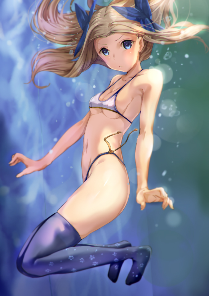 alternate_costume arms_at_sides asakaze_(kantai_collection) bangs bikini blue_eyes blue_legwear breasts commentary_request floating_hair floral_print from_side full_body hair_ribbon halter_top halterneck highleg highleg_bikini kantai_collection light_brown_hair light_particles long_hair looking_at_viewer midriff navel parted_bangs ribbon satou_daiji serious side-tie_bikini sideboob sidelocks small_breasts swimsuit thighhighs thighs underboob wavy_hair