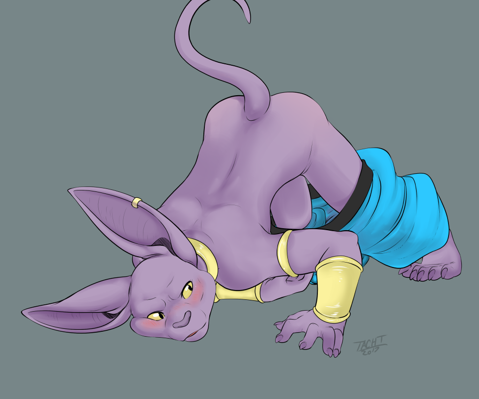 all_fours anthro armlet armor ass_up barefoot beerus blush bracers cat clothed clothing collar dragon_ball dragon_ball_super feline kaptcha male mammal pants_down partially_clothed presenting raised_tail signature solo