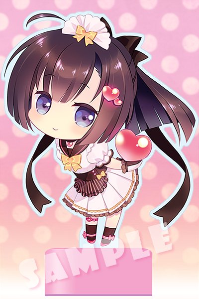 adapted_costume ahoge akizuki_(kantai_collection) alternate_costume blue_eyes brown_hair carnelian chibi colored_eyelashes corset enmaided full_body gradient gradient_background hair_ornament headband high_ponytail kantai_collection long_hair looking_at_viewer maid pleated_skirt skirt smile solo