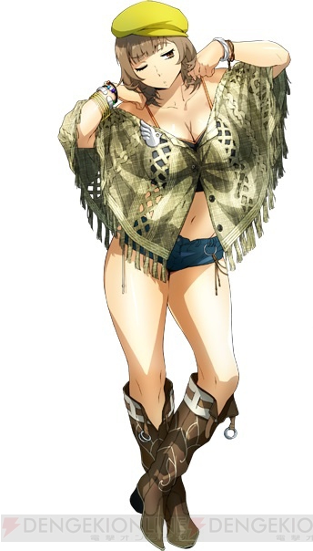 banpresto beret boots breasts cleavage cowboy_boots katrina_company large_breasts navel official_art shawl short_hair short_shorts super_robot_wars super_robot_wars_x-omega thighs