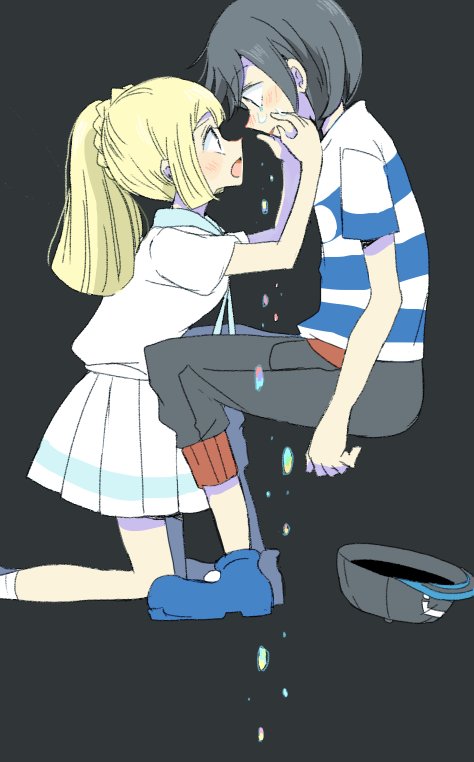 1boy 1girl black_hair blonde_hair blush couple crying hat hoodie lillie_(pokemon) looking_at_each_other male_protagonist_(pokemon_sm) pokemon pokemon_(game) pokemon_sm ponytail shoes sitting striped_shirt tears wiping_tears