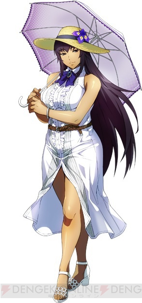 amanomiya_ayame banpresto belt breasts dress hat high_heels large_breasts legs long_hair looking_at_viewer official_art skirt straw_hat super_robot_wars super_robot_wars_x-omega umbrella white_dress