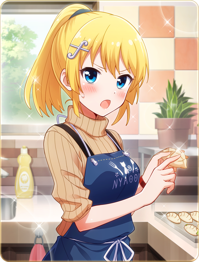 apron battle_girl_high_school blonde_hair blue_eyes blush dumpling food hair_ornament hairclip jiaozi kitchen kougami_kanon lens_flare looking_at_viewer official_art open_mouth solo