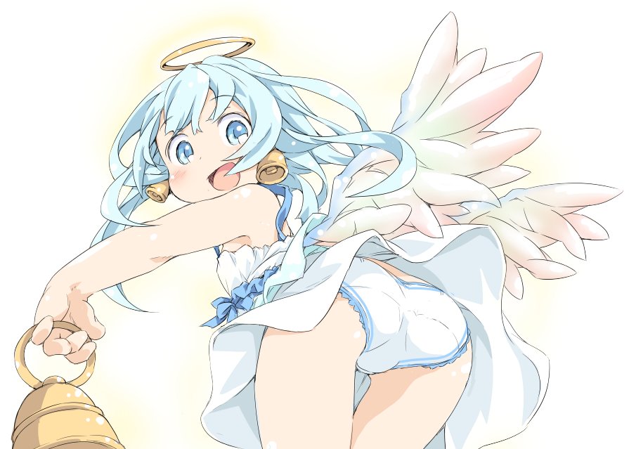 angel ass bell bellringer_angel blue_eyes blue_hair dress earrings from_behind halo ham_(points) jewelry leaning_forward long_hair looking_back open_mouth panties shadowverse smile solo thigh_gap underwear white_panties wind wind_lift wings