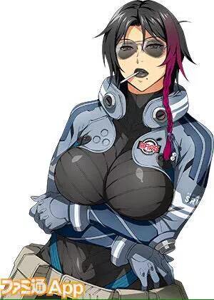 arm_under_breasts banpresto black_hair black_lipstick bodysuit breasts character_request cigarette gloves hair large_breasts official_art short single_colored_lock sunglasses super_robot_wars super_robot_wars_x-omega two-tone_hair