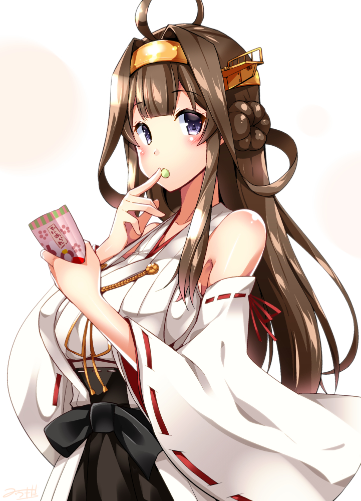 bare_shoulders breasts brown_hair collarbone cowboy_shot detached_sleeves double_bun food hairband japanese_clothes kantai_collection kongou_(kantai_collection) large_breasts long_hair looking_at_viewer nontraditional_miko purple_eyes ribbon-trimmed_sleeves ribbon_trim shiny shiny_hair shiny_skin solo wide_sleeves yuuki_hb