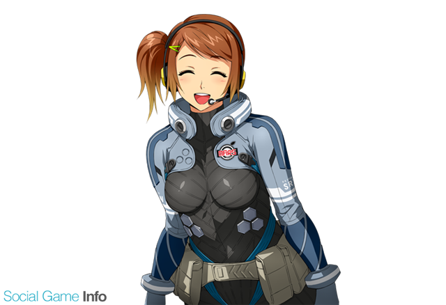 banpresto bodysuit breasts brown_hair eyes_closed gradient_hair headset official_art olive_oppert side_ponytail smile super_robot_wars super_robot_wars_x-omega two-tone_hair utility_belt