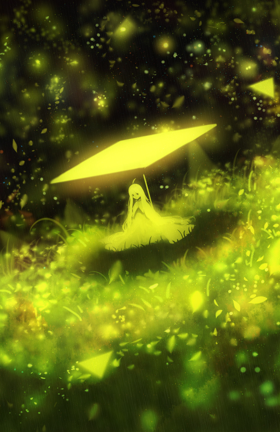 ahoge commentary contrast dress dutch_angle fantasy glowing grass highres light_particles long_hair looking_at_viewer original sakimori_(hououbds) scenery shade sitting solo texture yellow