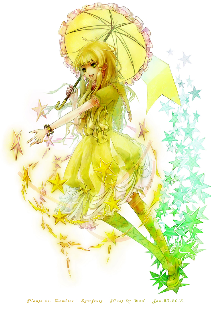2013 blonde_hair bracelet character_name copyright_name dated dress green_eyes hair_ornament jewelry long_hair open_mouth parasol personification plants_vs_zombies solo star starfruit_(pvz) teeth thighhighs umbrella wail_(wailwind) white_background