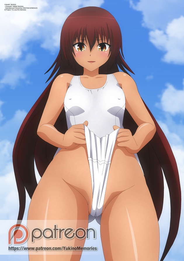 1girl blush breasts brown_eyes brown_hair cameltoe erect_nipples long_hair looking_at_viewer master_nemesis open_mouth small_breasts smile solo standing stitched sukumizu swimsuit to_love_ru_darkness toloveru white_sukumizu white_swimsuit zel-sama