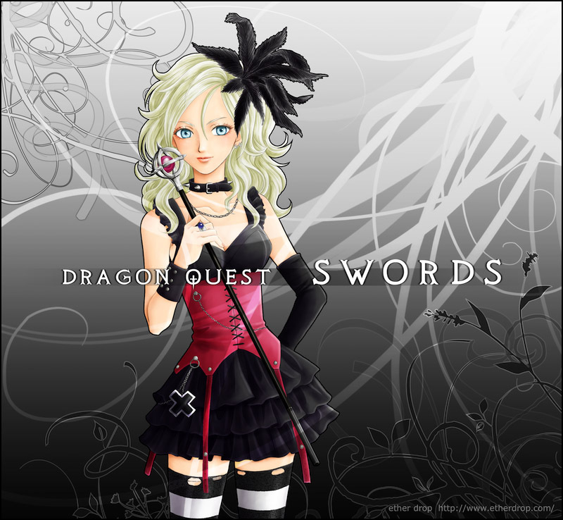 blonde_hair blue_eyes breasts collar corset dragon_quest dragon_quest_swords elbow_gloves feathers gloves hair_feathers jewelry long_hair setia skirt solo striped striped_legwear thighhighs