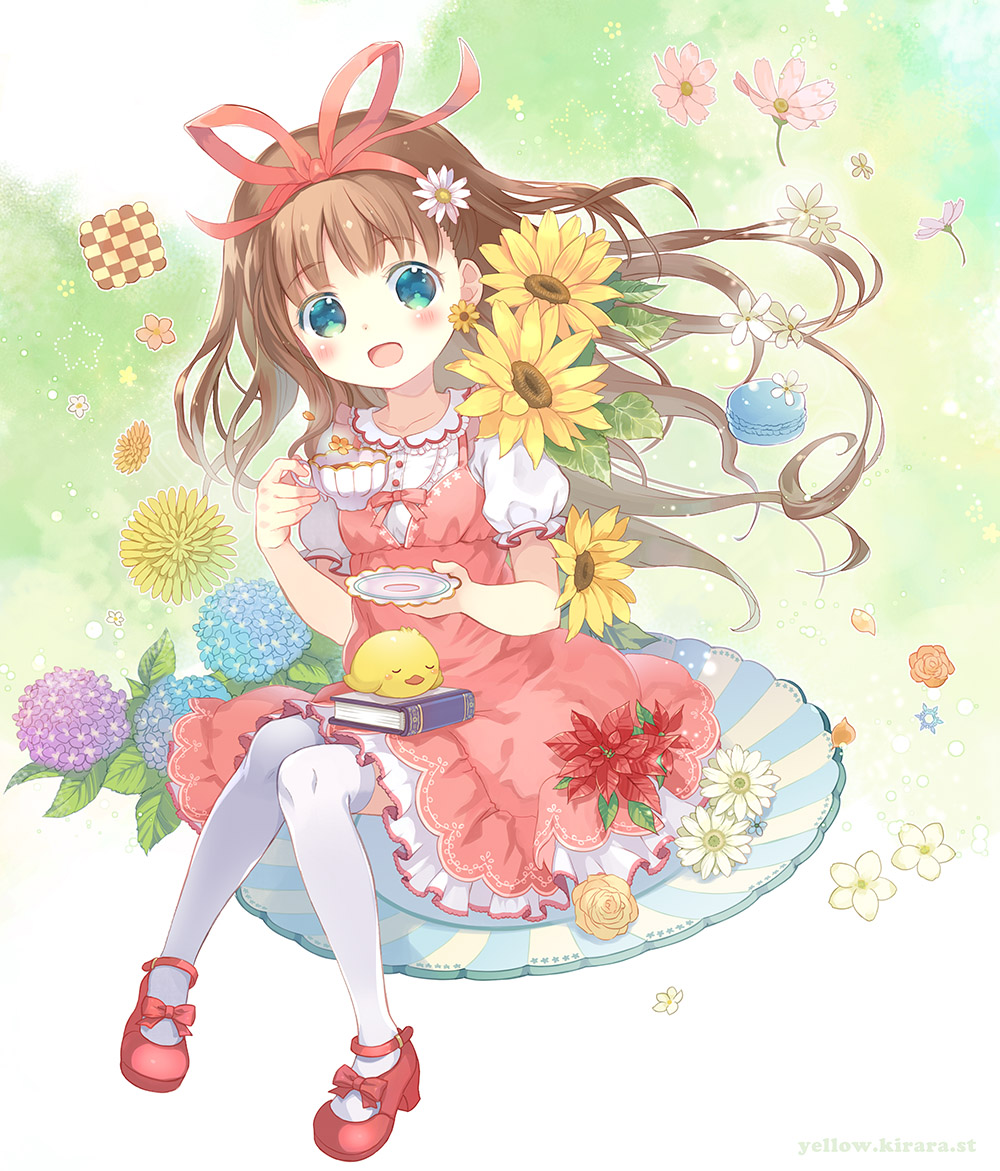 aqua_eyes bird blush book brown_hair chick cookie cup dress flower food hair_ribbon hairband hydrangea long_hair mary_janes original poinsettia puffy_sleeves ribbon rose saucer shoes short_sleeves sitting solo sunflower takeda_mika teacup thighhighs