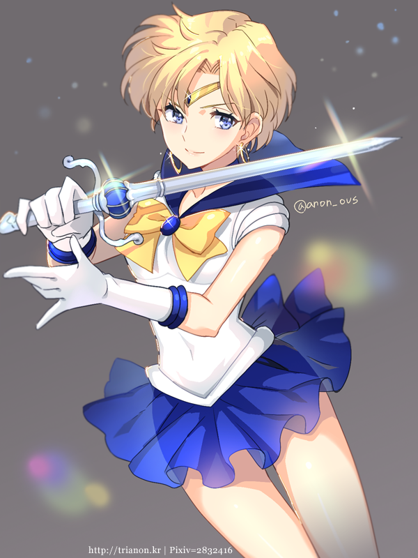 bishoujo_senshi_sailor_moon blonde_hair blue_bow blue_eyes blue_sailor_collar blue_skirt bow brooch circlet closed_mouth cowboy_shot earrings gloves grey_background holding holding_sword holding_weapon hoop_earrings jewelry magical_girl pleated_skirt sailor_collar sailor_senshi_uniform sailor_uranus short_hair skirt smile solo space_sword sword ten'ou_haruka tiara trianon twitter_username very_short_hair watermark weapon web_address white_gloves yellow_bow