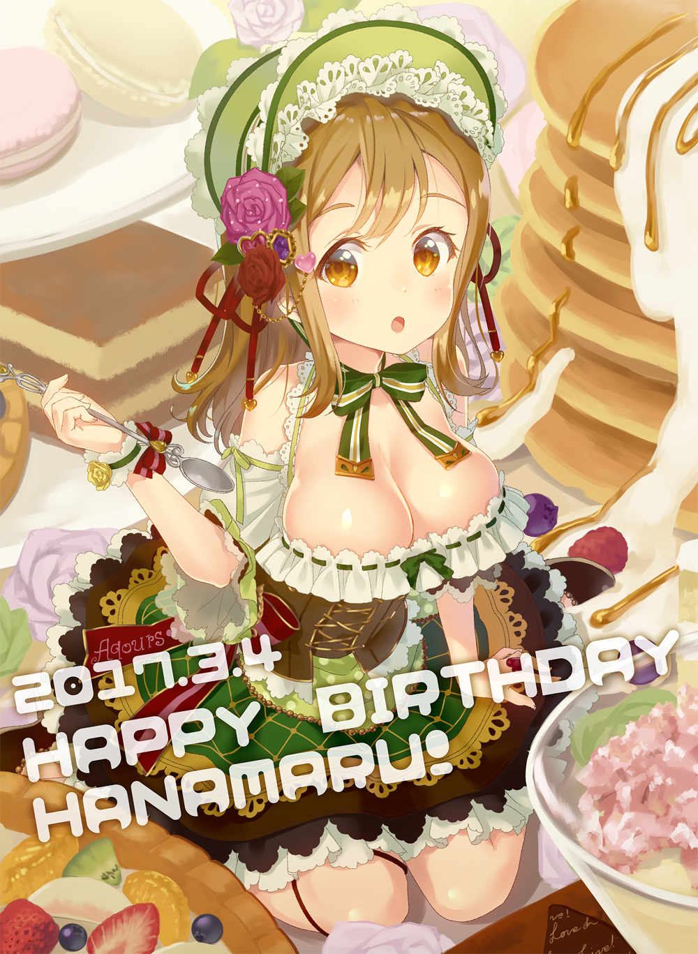 :o bangs blueberry bodice bonnet bow breasts brown_eyes brown_hair cake character_name chin_strap cleavage commentary_request cross-laced_clothes dated detached_sleeves dress flower food frilled_skirt frills fruit full_body hair_flower hair_ornament happy_birthday highres holding holding_spoon kiwi_slice kunikida_hanamaru lace large_breasts layered_skirt long_hair looking_at_viewer love_live! love_live!_sunshine!! macaron neck_ribbon orange orange_slice pancake pink_flower pink_rose red_flower red_rose ribbon ribbon_trim rose sitting skirt solo spoon stack_of_pancakes strawberry striped striped_bow sweets tart_(food) tomiwo wariza wrist_cuffs