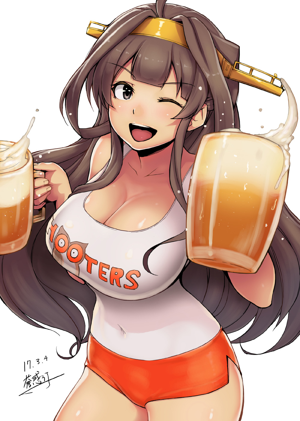;d ahoge alternate_costume ao_madoushi beer_mug black_eyes blush breasts brown_hair cleavage collarbone commentary_request covered_navel cowboy_shot cup drinking_glass hairband headgear highres holding holding_cup hooters kantai_collection kongou_(kantai_collection) large_breasts long_hair looking_at_viewer one_eye_closed open_mouth short_shorts shorts side_slit sidelocks smile solo tank_top teeth v-shaped_eyebrows