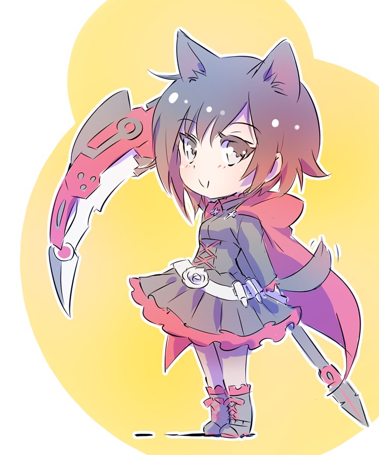 animal_ears black_hair cape chibi commentary_request crescent_rose iesupa ruby_rose rwby silver_eyes smile solo tail tail_wagging