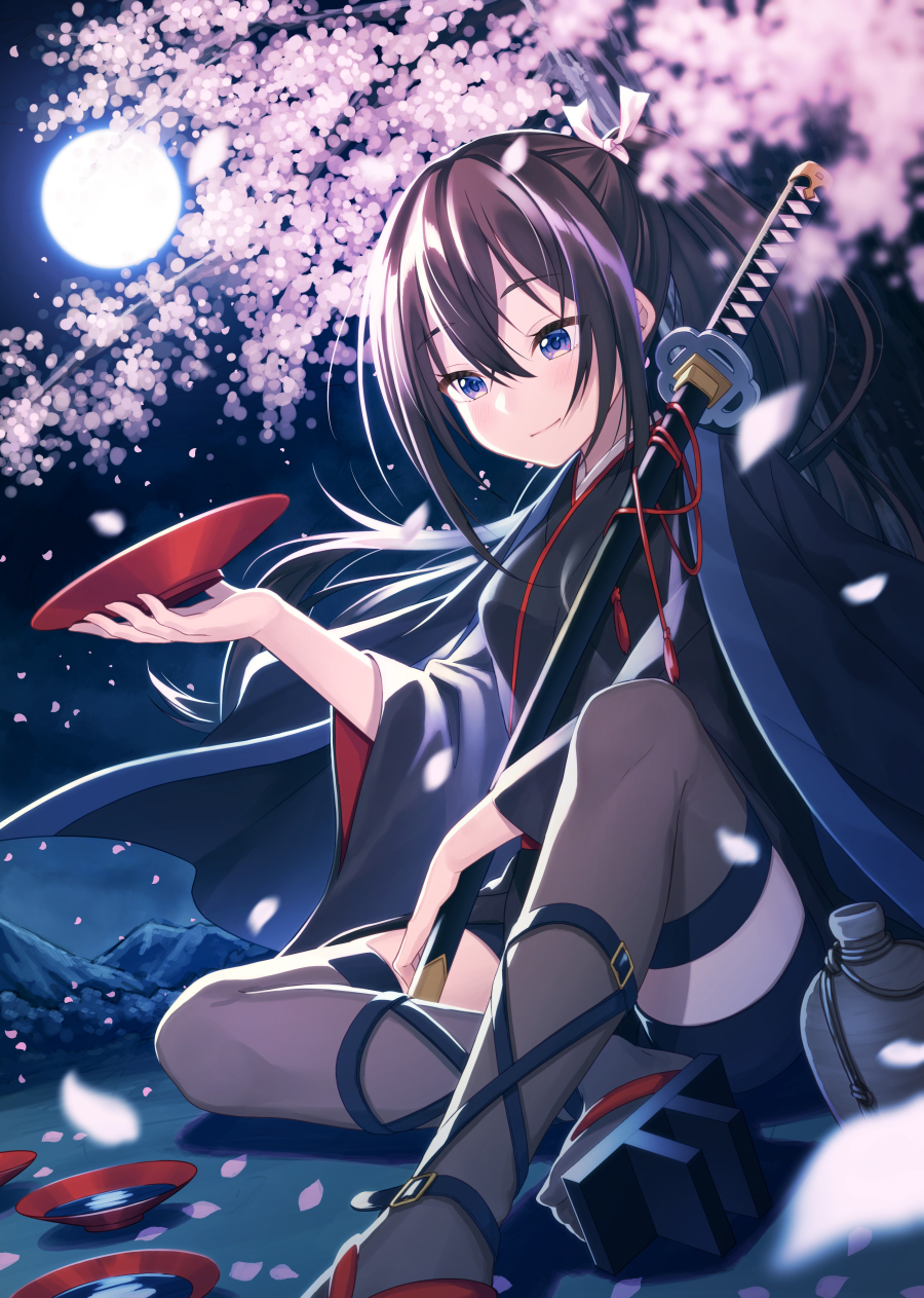 black_hair blue_eyes cherry_blossoms cup full_moon gourd highres japanese_clothes linkauter_chronicle_xceed looking_at_viewer moon night official_art petals sakazuki solo sword thighhighs warabimochi_kinako weapon