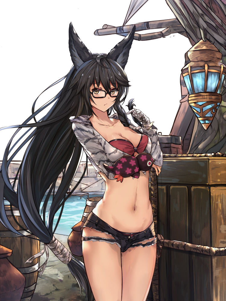 :/ animal_ears bandaged_arm bandages bangs barrel bikini bikini_under_clothes black-framed_eyewear black_shorts box braid breast_hold breasts brown_eyes cleavage collarbone crate creature crop_top cutoffs fox_ears glasses harbor lantern legs_together long_hair long_sleeves looking_at_viewer low-tied_long_hair medium_breasts midriff navel open_clothes open_fly open_shirt outdoors pier playing_with_own_hair red_bikini rope shirt short_shorts shorts side_braid sketch solo standing stomach swimsuit tales_of_(series) tales_of_berseria torn_clothes torn_shorts unbuttoned velvet_crowe very_long_hair water white_crow wood wooden_box