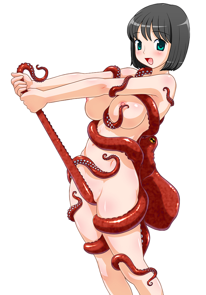 bestiality between_legs black_hair blush bob_cut breasts consensual_tentacles grabbing green_eyes holding large_breasts looking_at_viewer machino_henmaru nipples nude octopus open_mouth short_hair solo source_request tentacles transparent_background two-handed