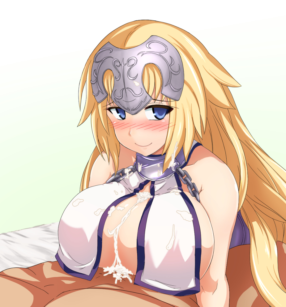 1boy 1girl bare_shoulders bed blonde_hair blue_eyes blush breasts chains cum cum_on_breasts ejaculation_between_breasts embarrassed fate/apocrypha fate_(series) gradient_background headgear hetero isemagu large_breasts long_hair no_bra paizuri paizuri_under_clothes ruler_(fate/apocrypha) simple_background solo_focus