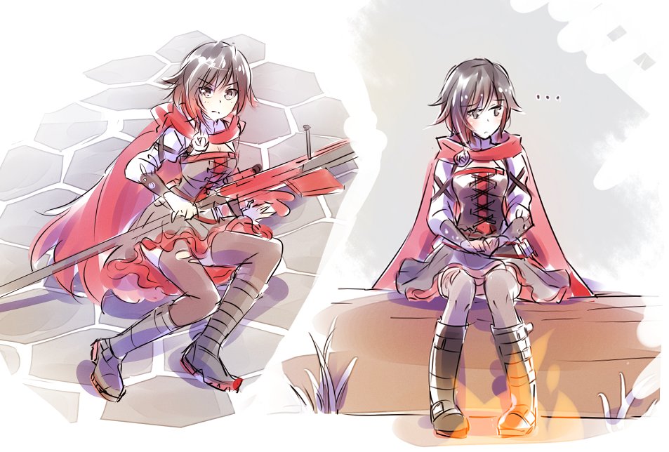 black_hair breasts campfire cape cleavage crescent_rose grass highlights iesupa log medium_breasts multicolored_hair red_hair ruby_rose rwby sad silver_eyes sketch stone_floor thighhighs