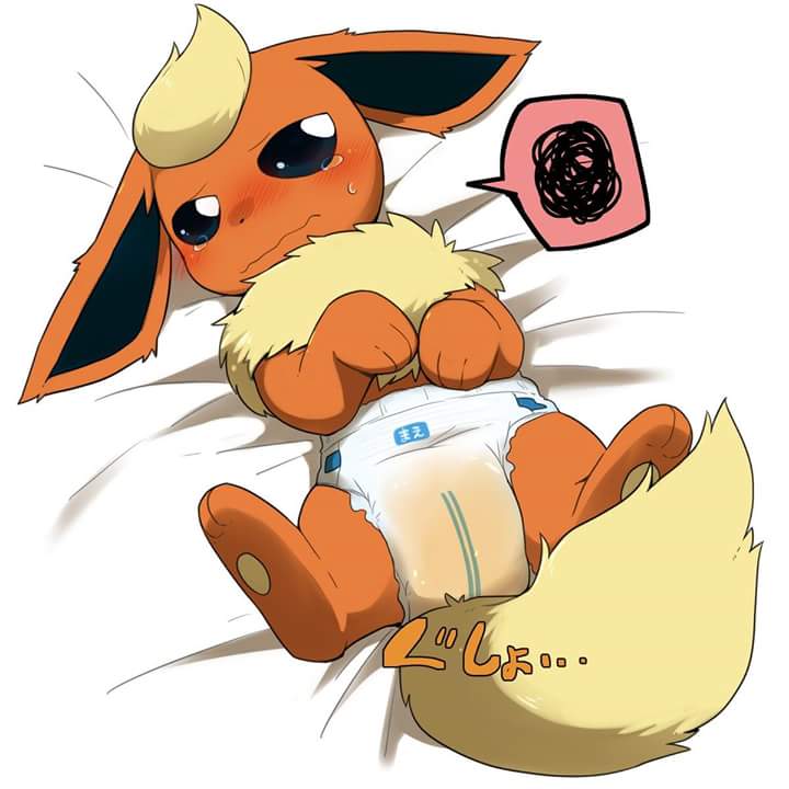 bedding blush diaper eeveelution embarrassed feral flareon nintendo pok&eacute;mon shy simple_background solo tears urine video_games wet_diaper white_background