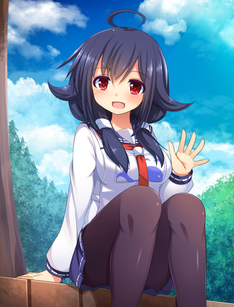 :d ahoge black_hair black_legwear blue_sky cloud cloudy_sky commentary_request day hair_flaps highres kantai_collection long_hair looking_at_viewer low_twintails open_mouth pantyhose pleated_skirt red_eyes school_uniform serafuku sitting skirt sky smile snow_(gi66gotyo) solo taigei_(kantai_collection) twintails waving