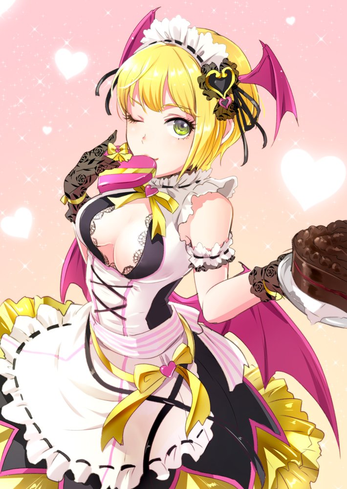 black_gloves blonde_hair blush box breasts cake chocolate_cake cleavage demon_wings food gift gift_box gloves green_eyes head_wings heart-shaped_box idolmaster idolmaster_cinderella_girls looking_at_viewer maid_headdress medium_breasts miyamoto_frederica null_(chronix) one_eye_closed short_hair smile solo wings