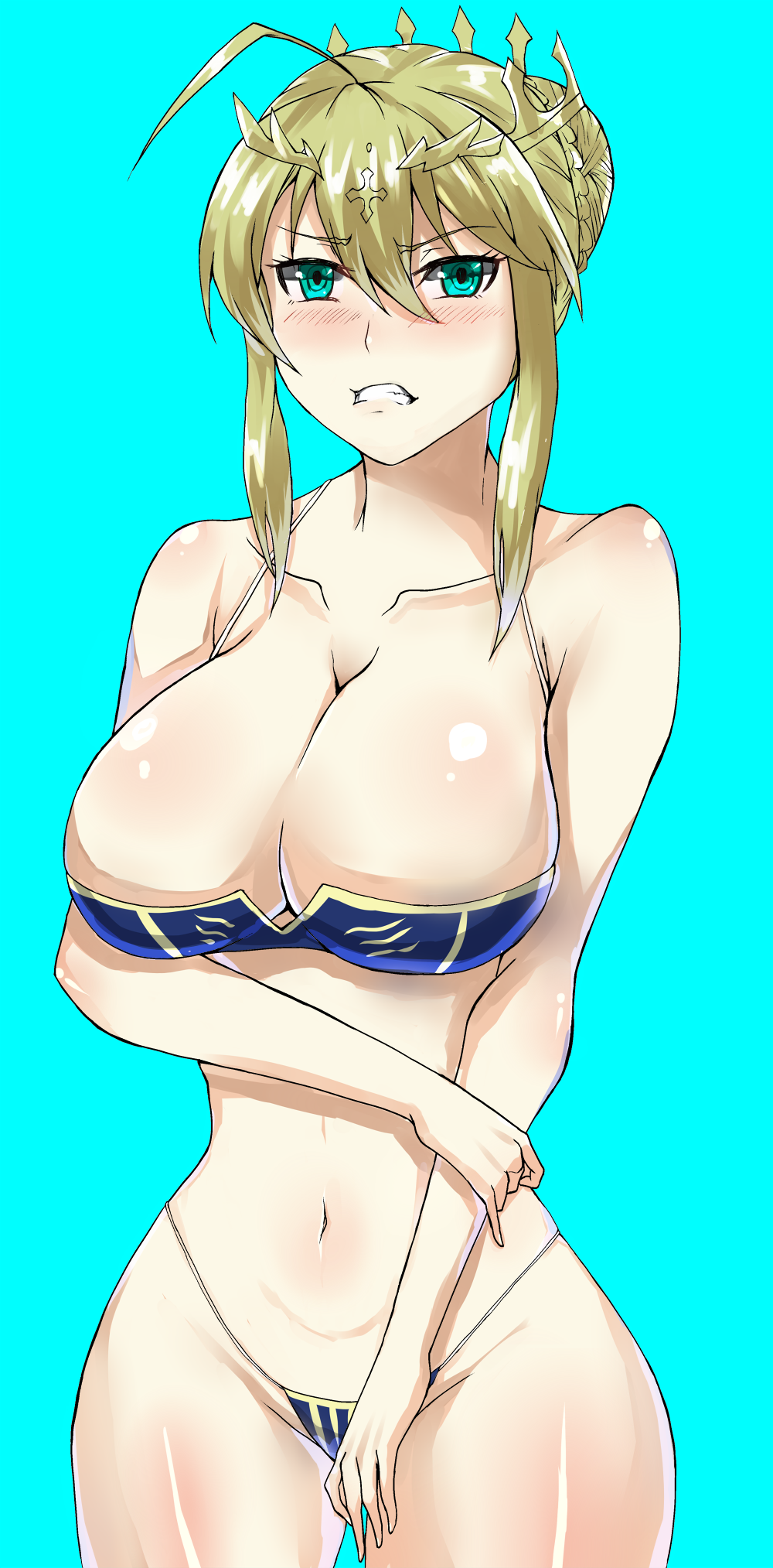 1girl angry artoria_pendragon_lancer_(fate/grand_order) bare_shoulders bikini blonde_hair blue_background blue_eyes blush braid breasts cleavage clenched_teeth crown curvy fate/grand_order fate_(series) hair_bun large_breasts midriff navel open_mouth saber solo wide_hips