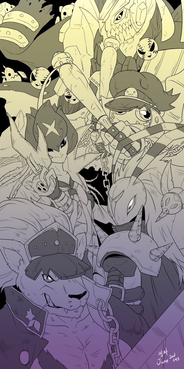 1girl 4boys armor banchou banchougolemon banchouleomon banchoulilimon banchoumamemon banchoustingmon bandai bat belt beltskirt breasts buttons cape capri_pants chains chest claws clothes_writing club digimon everyone fairy fangs gloves hat height_difference insect_wings jacket jacket_on_shoulders long_hair looking_at_viewer monochrome monster_girl multiple_belts multiple_boys muscle no_humans scar school_uniform serious shirt short_sleeves smile spiked_club spikes standing stinger sword team thorns vines visor_cap weapon white_hair wings yo-yo