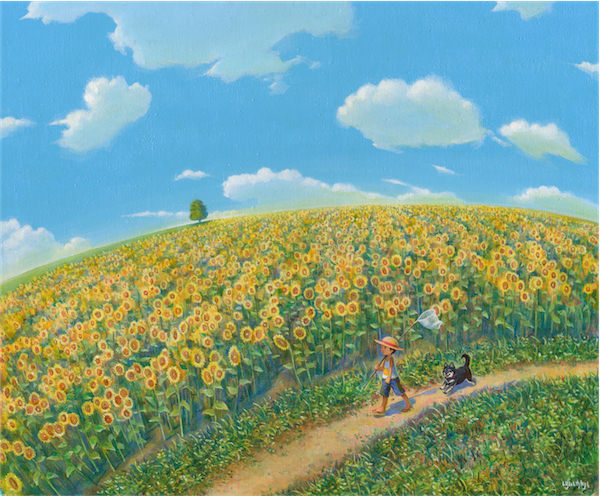 acrylic_paint_(medium) black_hair blue_sky butterfly_net cloud cloudy_sky day dirt_road dog field fisheye flip-flops flower flower_field from_side grass hand_net hat horizon nature original outdoors over_shoulder sandals scenery shiba_inu shiraishi_takashi shirt shorts signature sky straw_hat sunflower t-shirt traditional_media tree very_wide_shot walking wide_shot