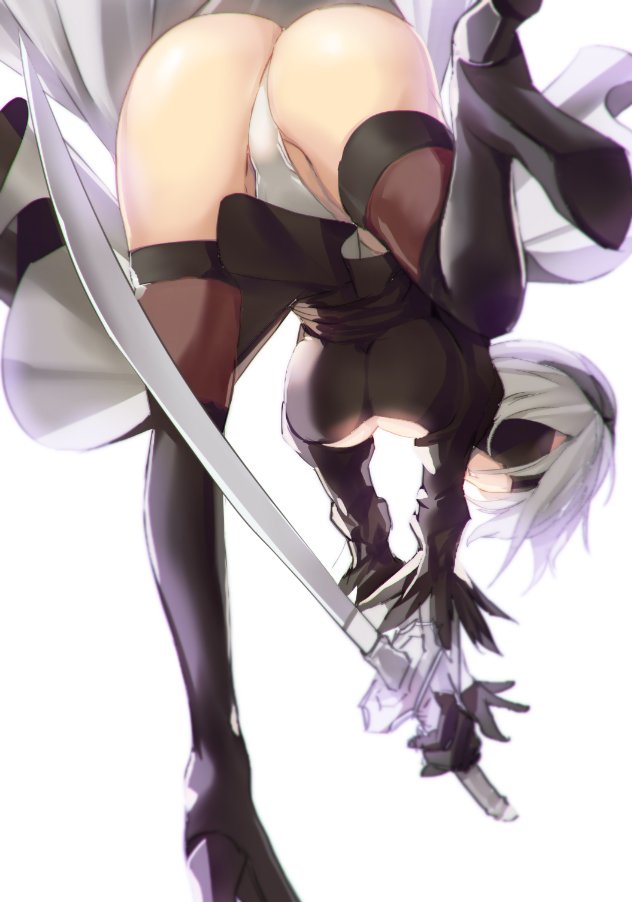 ass bent_over black_dress black_gloves black_legwear blindfold breasts covered_eyes dress facing_viewer feather-trimmed_sleeves from_behind gloves hairband large_breasts leg_lift long_sleeves mole mole_under_mouth nier_(series) nier_automata parted_lips partially_visible_vulva puffy_sleeves satou_daiji short_hair silver_hair solo thighhighs thighs weapon yorha_no._2_type_b