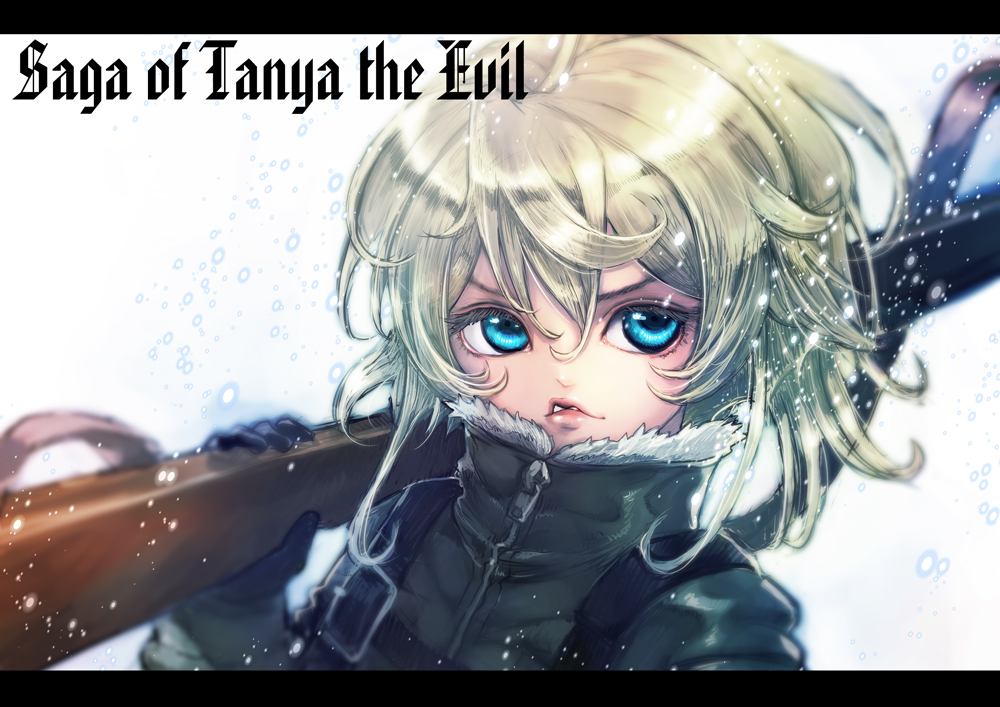 belt blonde_hair blue_eyes boyaking copyright_name fur_trim gloves gun hair_between_eyes letterboxed looking_at_viewer military military_uniform over_shoulder rifle short_hair solo tanya_degurechaff uniform weapon weapon_over_shoulder youjo_senki