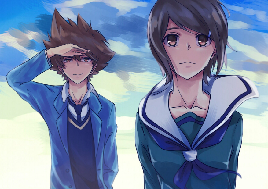 bad_id bad_pixiv_id brown_eyes brown_hair digimon digimon_adventure digimon_adventure_02 odaiba_middle_school_uniform school_uniform short_hair smile toritama tsukishima_general_high_school_uniform yagami_hikari yagami_taichi