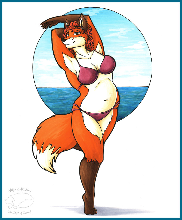 2017 anthro armpits arms_above_head bikini border breasts canine carissa cleavage clothed clothing dipstick_tail ear_piercing female fox gloves_(marking) green_eyes hair inner_ear_fluff looking_at_viewer mammal markings multicolored_tail navel piercing pose red_hair sea simple_background slightly_chubby smile socks_(marking) solo standing swimsuit water zannah