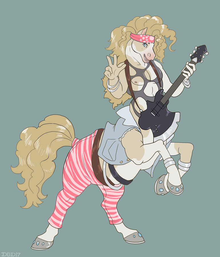 clothed clothing dbd equine guitar headband horse looking_at_viewer male mammal musical_instrument on_hind_legs open_mouth smile solo taur