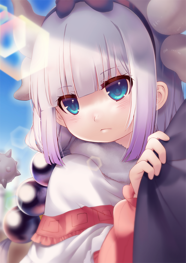 bangs beads black_bow black_hairband blouse blue_eyes blue_sky blurry blurry_background bow capelet closed_mouth day dragon_girl dragon_horns dress eyebrows_visible_through_hair frilled_capelet frills fur_trim gothic_lolita gradient_hair hair_beads hair_bow hair_ornament hairband horns kanna_kamui kobayashi-san_chi_no_maidragon lavender_hair lolita_fashion long_hair long_sleeves looking_at_viewer low_twintails multicolored_hair outdoors purple_hair skirt_grab skirt_hold sky solo tail twintails upper_body white_hair yumekii