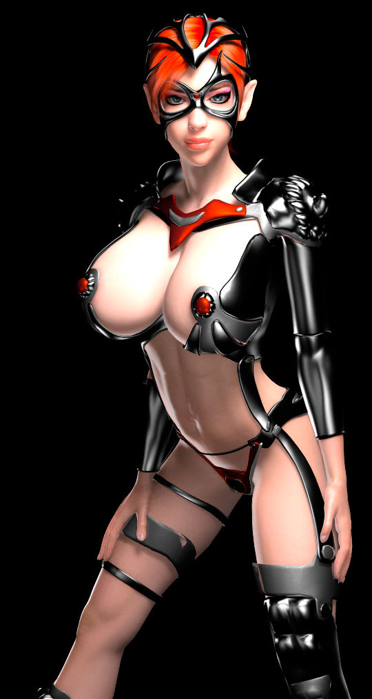 1girl 3d abs armor blue_eyes breasts cleavage dark_princess:_the_faint_of_agony_desecrated_heroine_to_evil edge_systems large_breasts looking_at_viewer make_up mask navel orange_hair simple_background solo stomach tiara