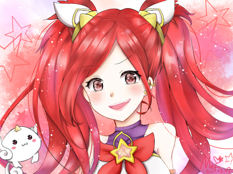 1girl alternate_costume alternate_hairstyle bare_shoulders bow hair_ornament jinx_(league_of_legends) league_of_legends magical_girl red_hair shiro_(league_of_legends) star_guardian_jinx twintails very_long_hair