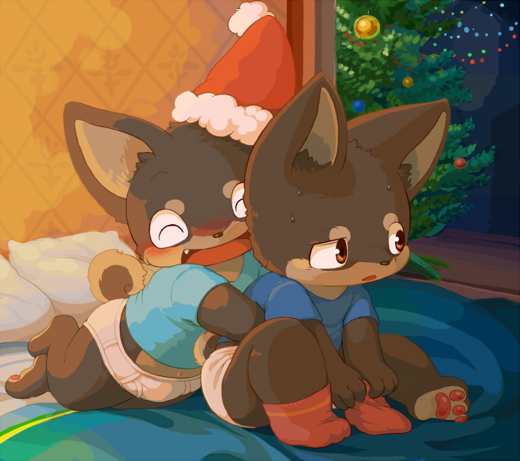 anthro blush briefs brown_fur bulge canine christmas christmas_tree clothing cub detailed_background dog duo frown fur hat hindpaw holidays hug legwear male mammal moketiw multicolored_fur paws santa_hat shota sibling smile socks sweat tan_fur tighty_whities tree two_tone_fur underwear young