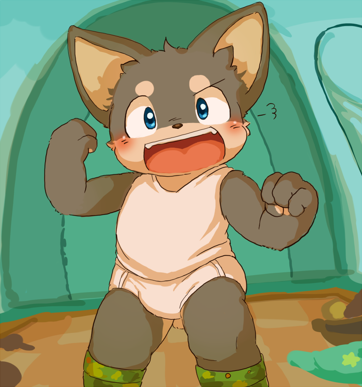 anthro black_fur blue_eyes bulge canine clothing cub dog fur legwear looking_at_viewer male mammal moketiw multicolored_fur open_mouth shota socks tan_fur two_tone_fur underwear young