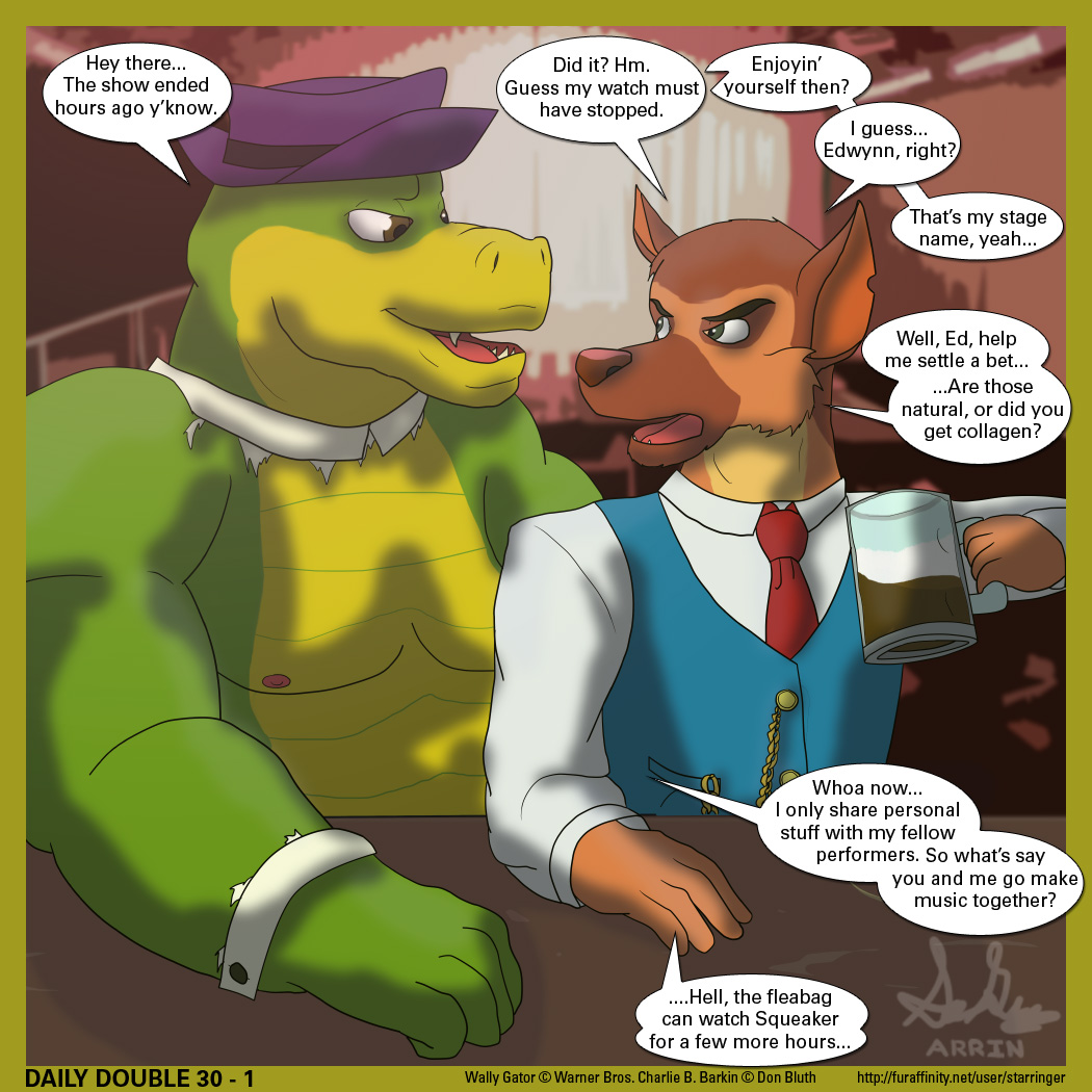 alcohol all_dogs_go_to_heaven alligator annoyed bar beer_mug beverage border canine charlie_barkin clothing crocodilian crossover dialogue dog duo english_text formal frown german_shepherd hanna-barbera hat male mammal mostly_nude muscular necktie nipples pecs reptile scalie shirt_collar shirt_cuffs size_difference slim speech_bubble star_ringer text vest wally_gator