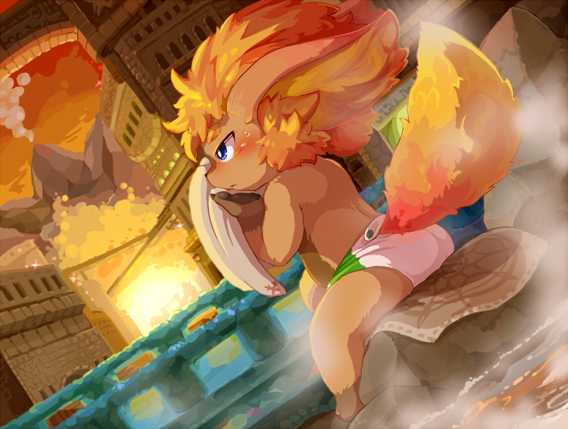 anthro blue_eyes bridge building canine clothed clothing cub fur hot_spring male mammal moketiw mountain sitting solo swimming_trunks swimsuit tan_fur topless towel volcano water young