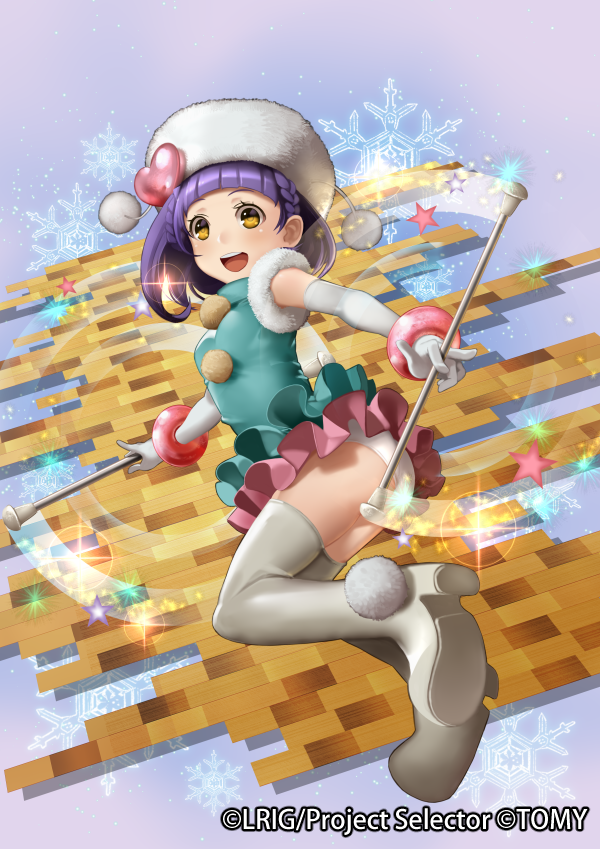 :d aya_(wixoss) boots brown_eyes elbow_gloves gloves hat hat_ornament heart i-la knee_boots looking_at_viewer lostorage_wixoss motion_lines official_art open_mouth pom_pom_(clothes) purple_hair smile snowflakes solo wand watermark white_footwear white_gloves white_hat wixoss