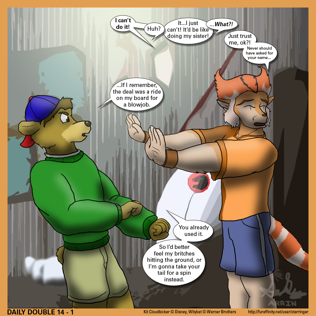 annoyed backwards_baseball_cap baseball_cap border clothing crossover dialogue disney duo english_text eyes_closed hat humor kit_cloudkicker male male/male pun questionable_consent shirt shorts side_view speech_bubble standing star_ringer sweater t-shirt talespin text thundercats wilykat young