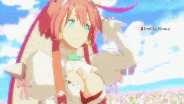 1girl 3d animated animated_gif aqua_eyes arc_system_works arm_behind_head bouncing_breasts breasts bunny_ears center_opening cleavage dress elphelt_valentine female flower guilty_gear guilty_gear_xrd guilty_gear_xrd:_revelator jiggle large_breasts nature outdoors pink_hair ribbon short_hair solo text wedding_dress white_dress
