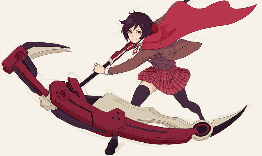 cape crescent_rose hayami_ritsu looking_at_viewer red_cape red_hair ruby_rose rwby school_uniform scythe silver_eyes skirt solo thighhighs