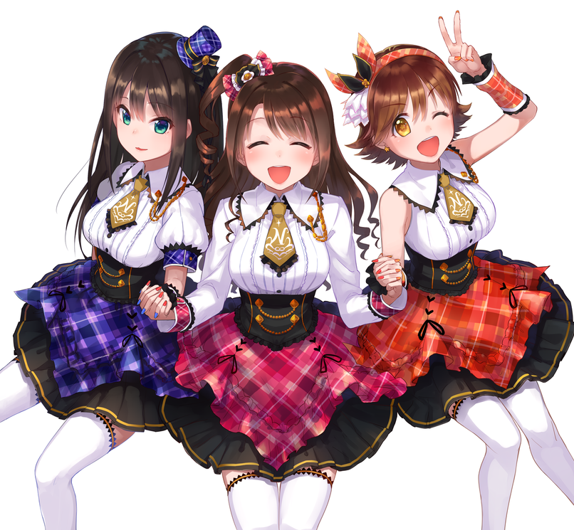 blush brown_eyes brown_hair closed_eyes green_eyes hat honda_mio idolmaster idolmaster_cinderella_girls long_hair looking_at_viewer mini_hat mini_top_hat multiple_girls new_generations one_eye_closed one_side_up plaid plaid_skirt shibuya_rin shimamura_uzuki shirona002 short_hair skirt thighhighs top_hat v white_legwear