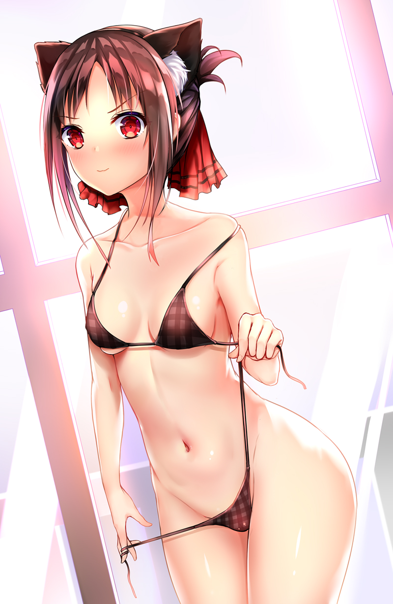 1girl :3 animal_ears bare_shoulders bikini black_bikini black_hair blush breasts cat_ears chao_wu_xing_xian cowboy_shot hair_ribbon highres hips kaguya-sama_wa_kokurasetai_~tensai-tachi_no_renai_zunousen~ navel panties panty_pull plaid plaid_bikini red_eyes ribbon shinomiya_kaguya side-tie_panties sideboob small_breasts smile solo standing strap_slip swimsuit underboob underwear untied untied_panties wavy_mouth window